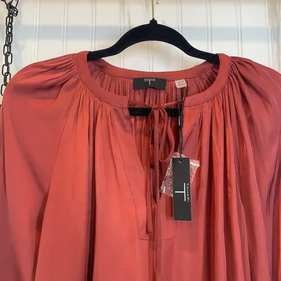 NWT T Tahari Rust Tie V-Neck Long Sleeve Tunic Top Blouse Size XS Pullover - Picture 3 of 8